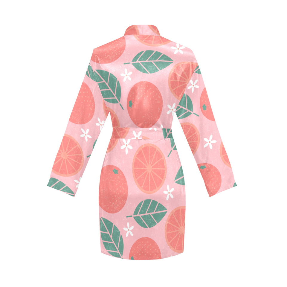 Grapefruit leaves flower pink background Women's Long Sleeve Belted Night Robe