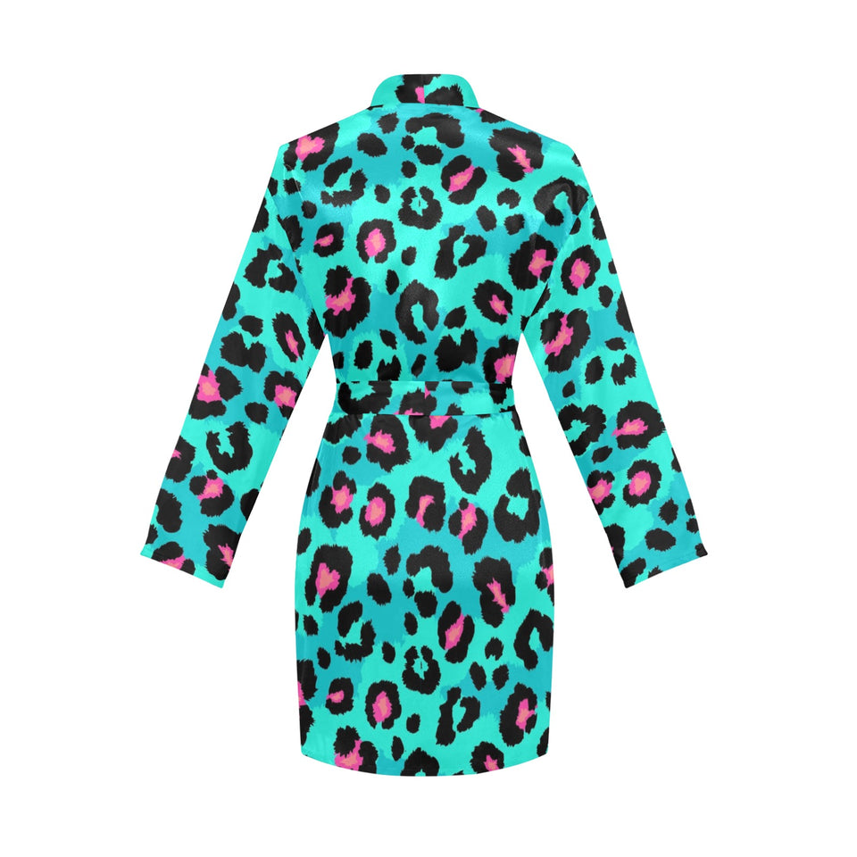 Green leopard skin print pattern Women's Long Sleeve Belted Night Robe