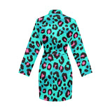 Green leopard skin print pattern Women's Long Sleeve Belted Night Robe
