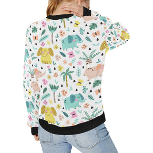 Cute elephants palm tree flower butterfly pattern Women's Crew Neck Sweatshirt
