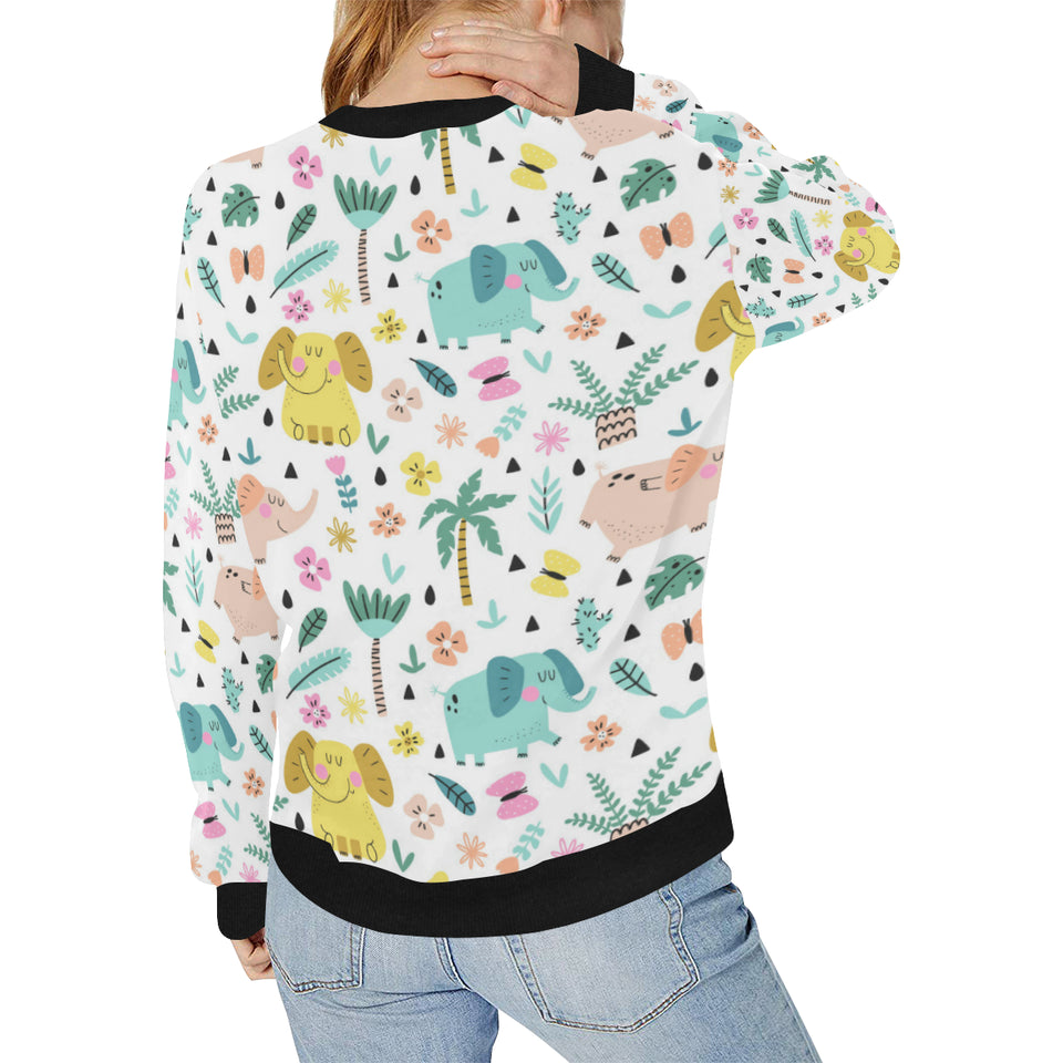 Cute elephants palm tree flower butterfly pattern Women's Crew Neck Sweatshirt