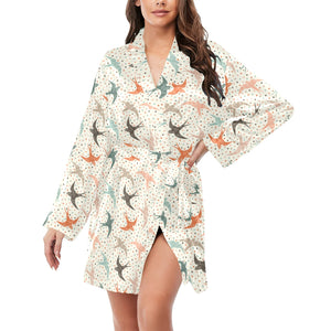 Swallow Pattern Print Design 02 Women's Long Sleeve Belted Night Robe