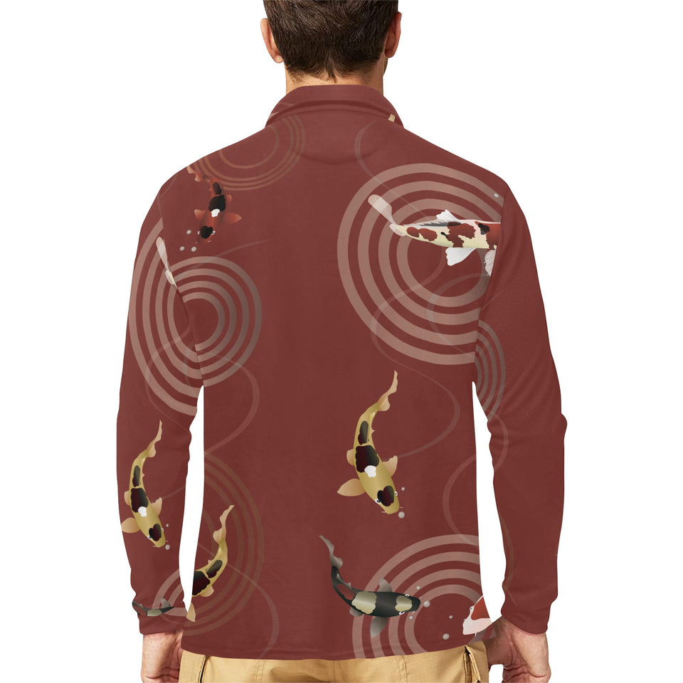 Koi Fish Carp Fish red background Men's Long Sleeve Polo Shirt