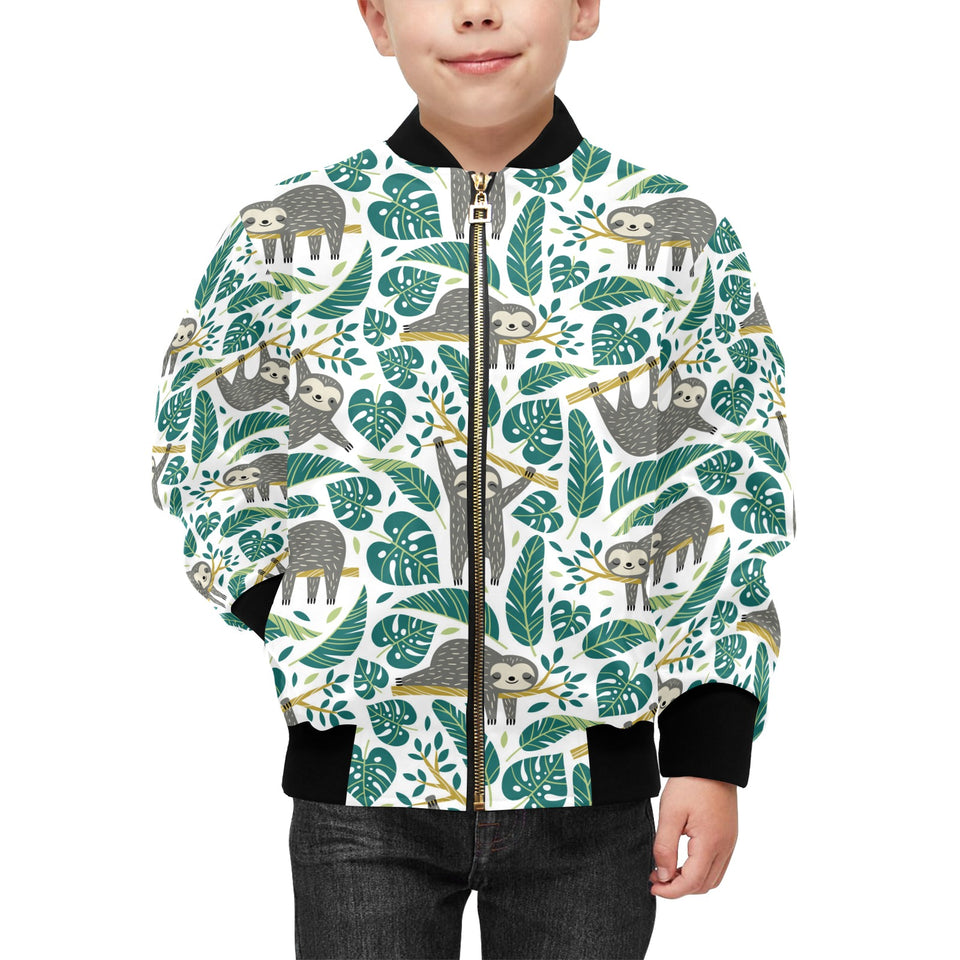 Cute sloths tropical palm leaves white background Kids' Boys' Girls' Bomber Jacket