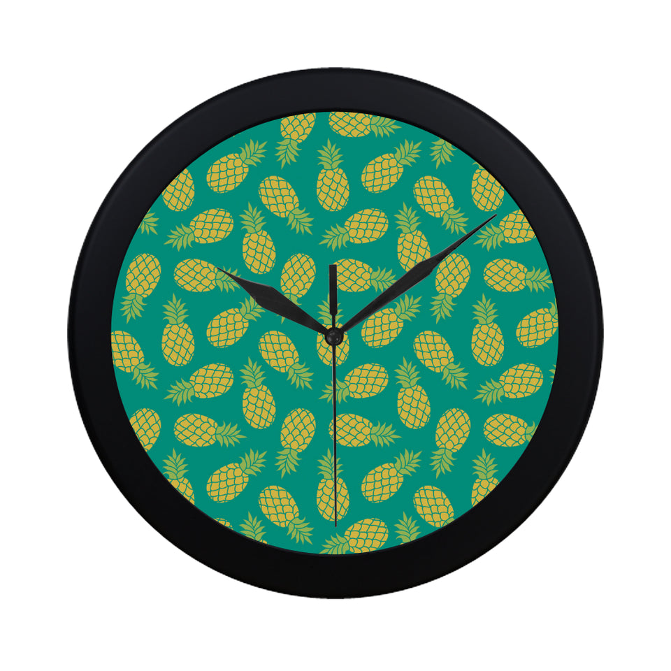 Pineapples pattern green background Elegant Black Wall Clock