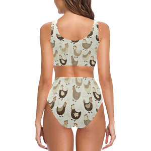 Cute rooster chicken cock Chest Bowknot High Waisted Bikini Swimsuit