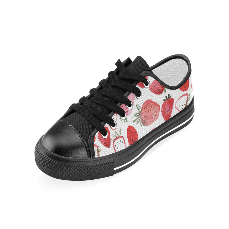 watercolor hand drawn beautiful strawberry pattern Women's Low Top Canvas Shoes Black