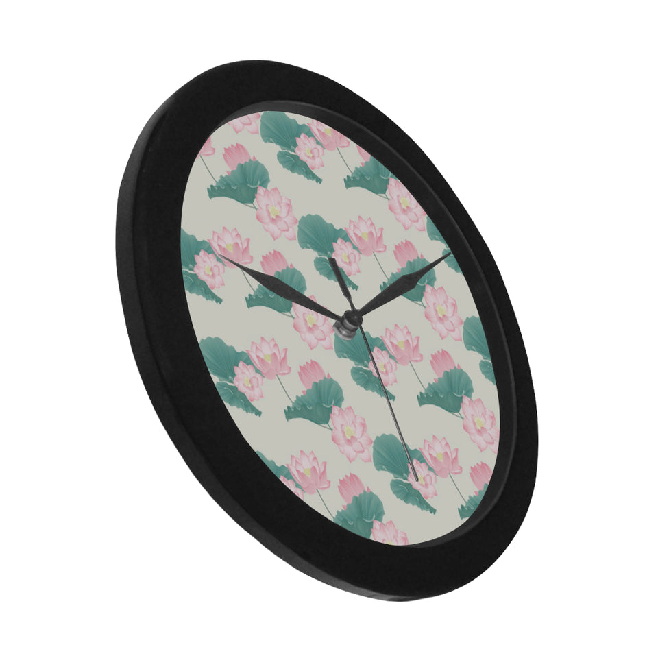 Pink lotus waterlily leaves pattern Elegant Black Wall Clock
