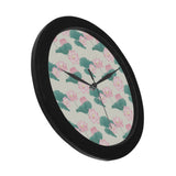 Pink lotus waterlily leaves pattern Elegant Black Wall Clock