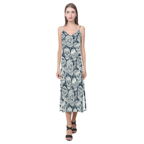 Sugar skull black white pattern V-Neck Open Fork Long Dress