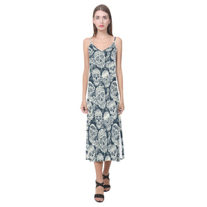 Sugar skull black white pattern V-Neck Open Fork Long Dress