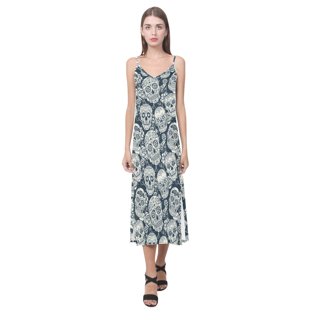 Sugar skull black white pattern V-Neck Open Fork Long Dress