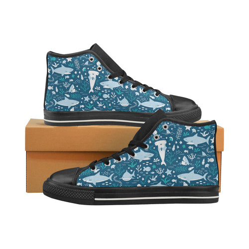 Cute shark pattern Women's High Top Canvas Shoes Black