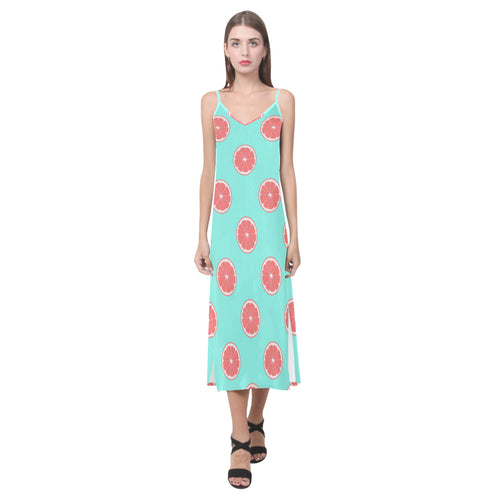 Grapefruit green background V-Neck Open Fork Long Dress