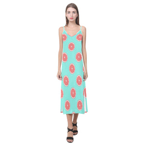 Grapefruit green background V-Neck Open Fork Long Dress