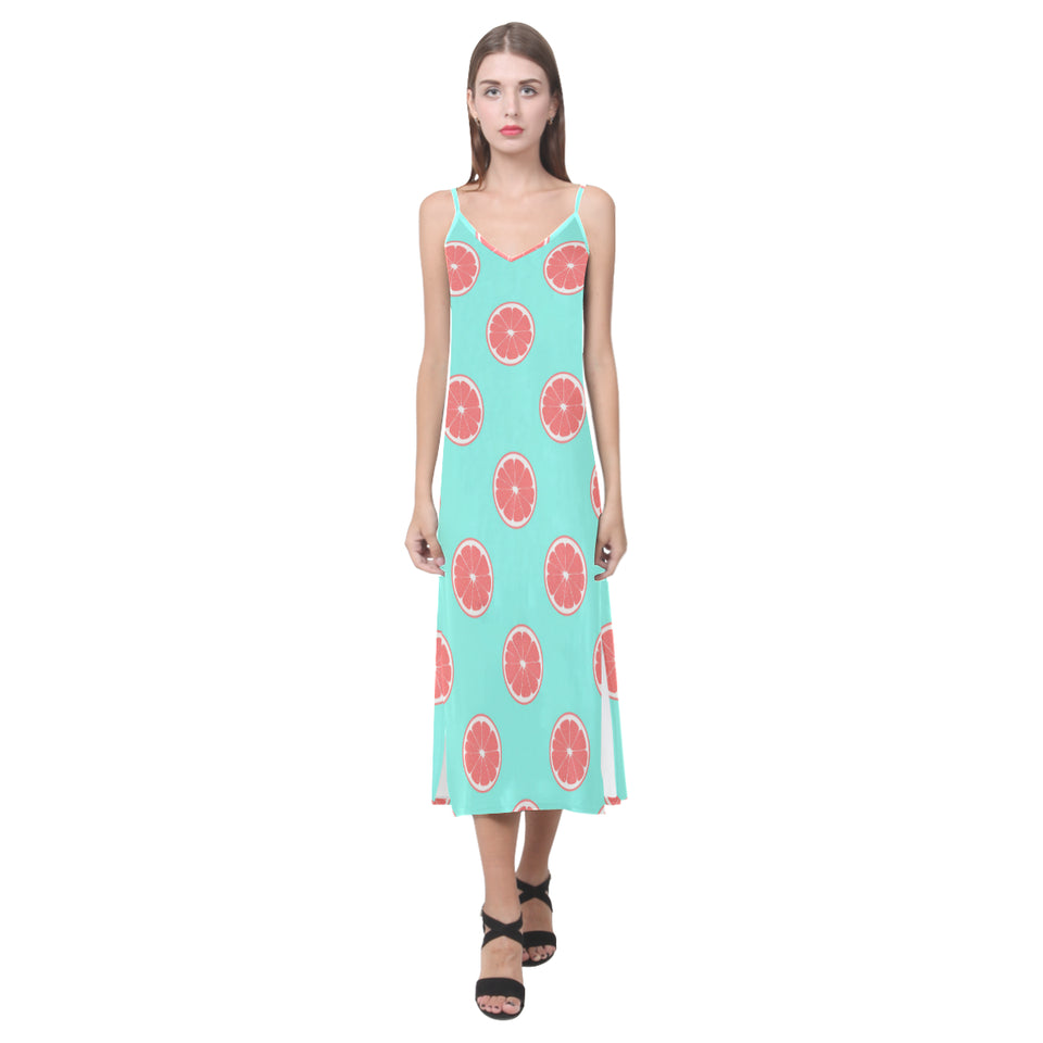 Grapefruit green background V-Neck Open Fork Long Dress