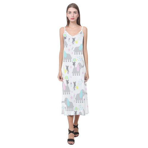 Cute elephant mouse pattern V-Neck Open Fork Long Dress