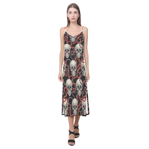 Red snake skull pattern V-Neck Open Fork Long Dress