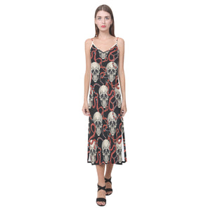 Red snake skull pattern V-Neck Open Fork Long Dress