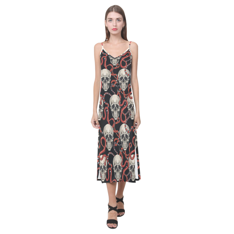 Red snake skull pattern V-Neck Open Fork Long Dress