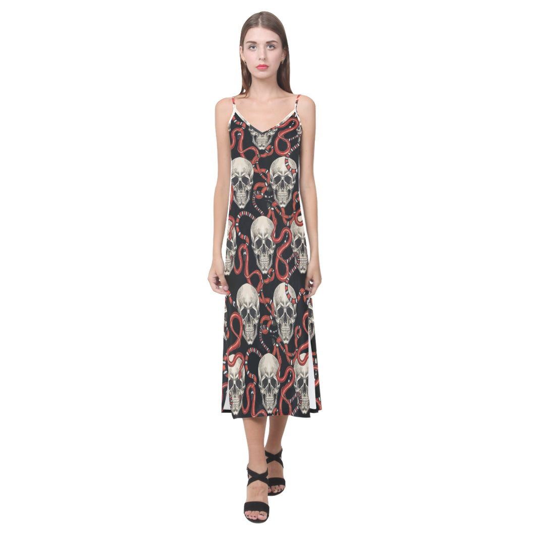 Red snake skull pattern V-Neck Open Fork Long Dress