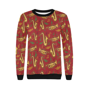 Saxophone cornet pattern red background Women's Crew Neck Sweatshirt