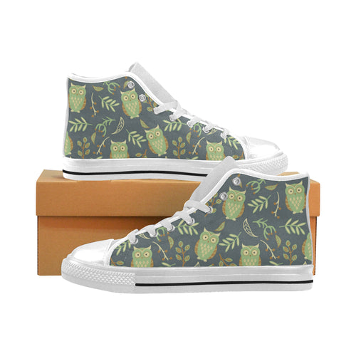 Cute owls leaves pattern Men's High Top Canvas Shoes White