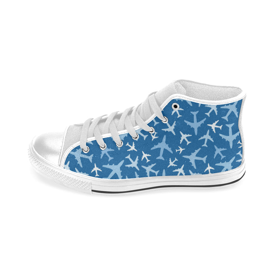 Airplane pattern in the sky Men's High Top Canvas Shoes White