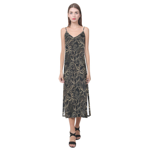 luxurious gold lotus waterlily black background V-Neck Open Fork Long Dress