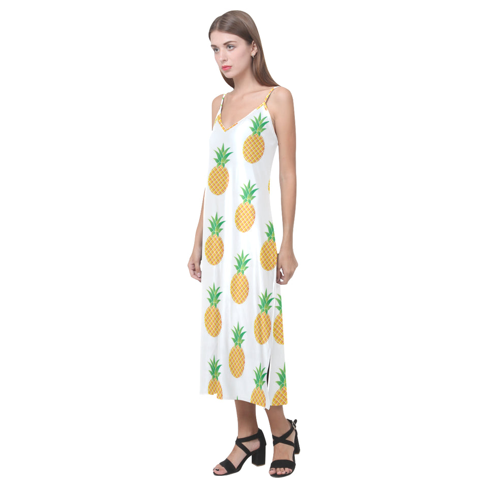 Pineapples pattern V-Neck Open Fork Long Dress