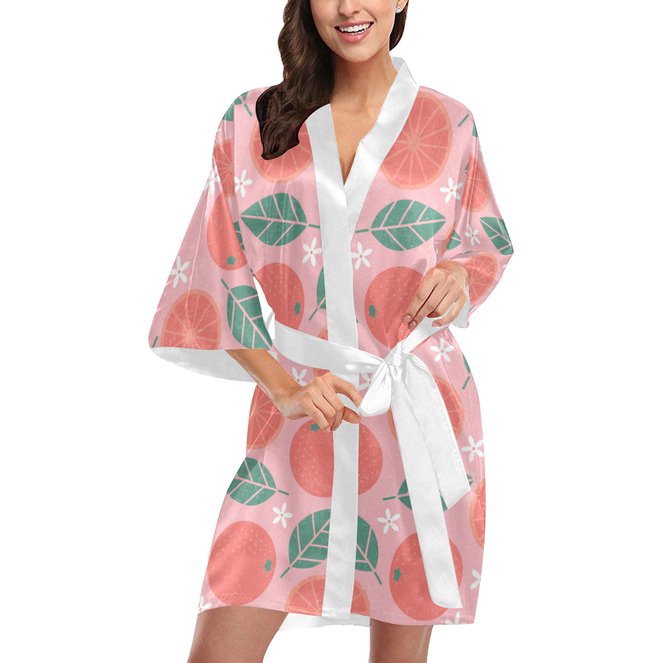 Grapefruit leaves flower pink background Women's Short Kimono Robe