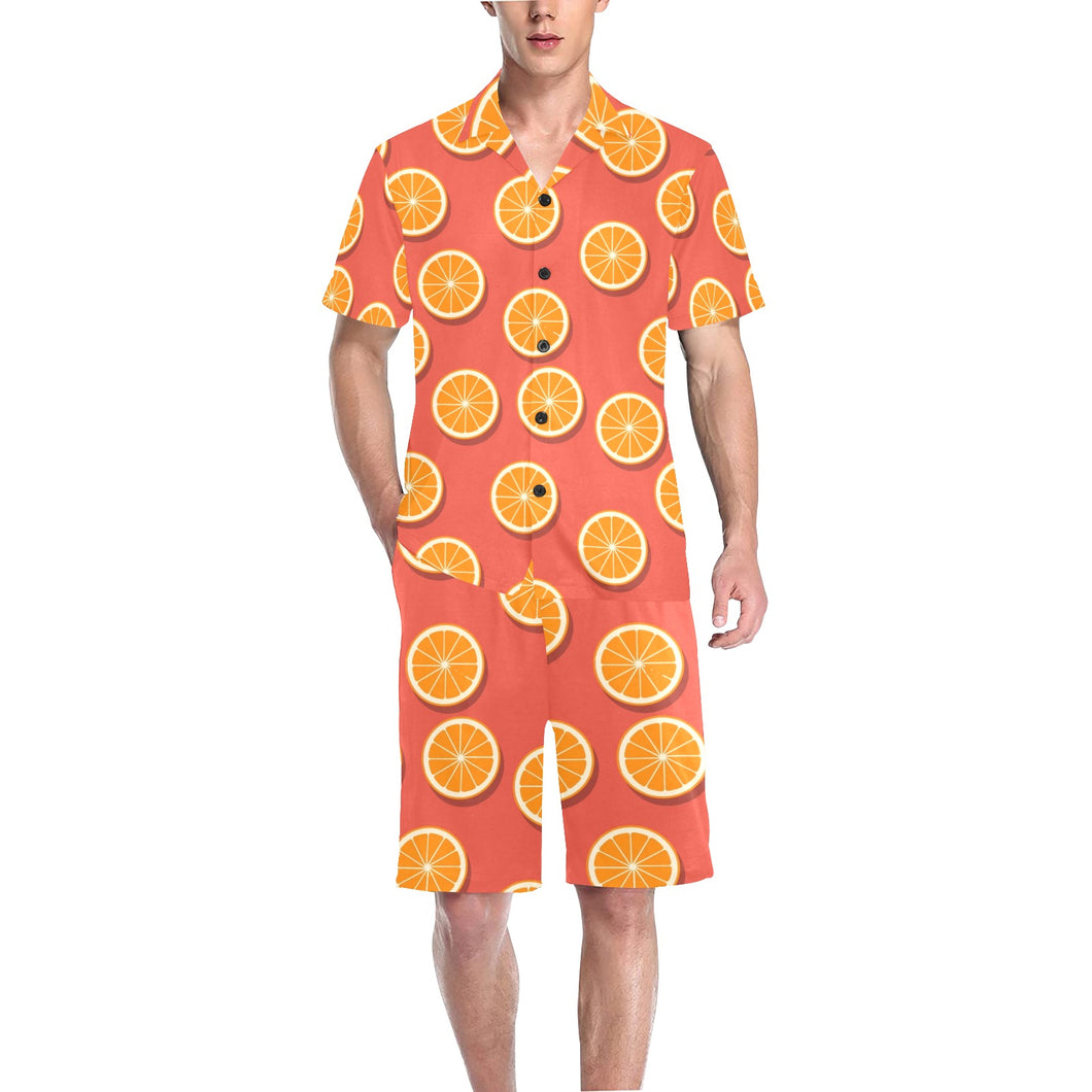 Oranges pattern red background Men's V-Neck Short Pajama Set