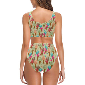 Colorful ice cream pattern Chest Bowknot High Waisted Bikini Swimsuit