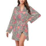 Red gold Sakura cherry blossom gray background Women's Long Sleeve Belted Night Robe