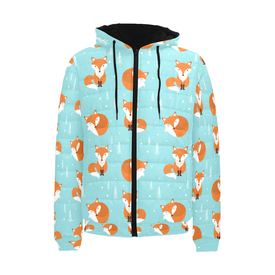 Fox pattern blue b ackground Men's Padded Hooded Jacket