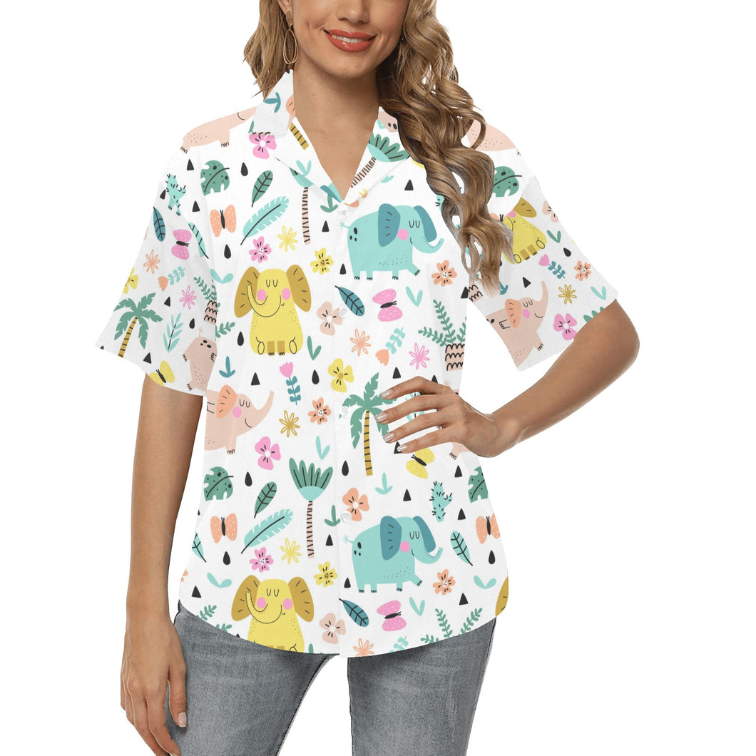 Cute elephants palm tree flower butterfly pattern Women's All Over Print Hawaiian Shirt