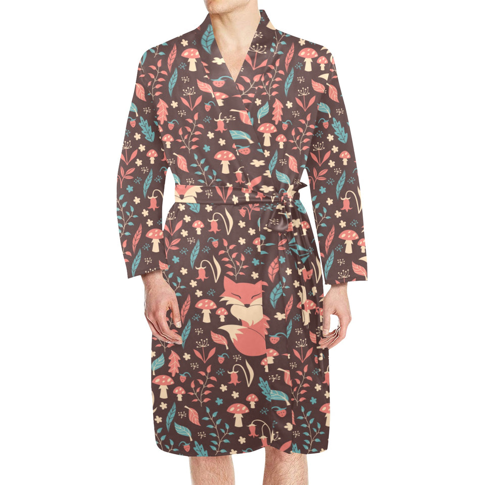 fox leaves mushroom pattern Men's Long Sleeve Belted Night Robe