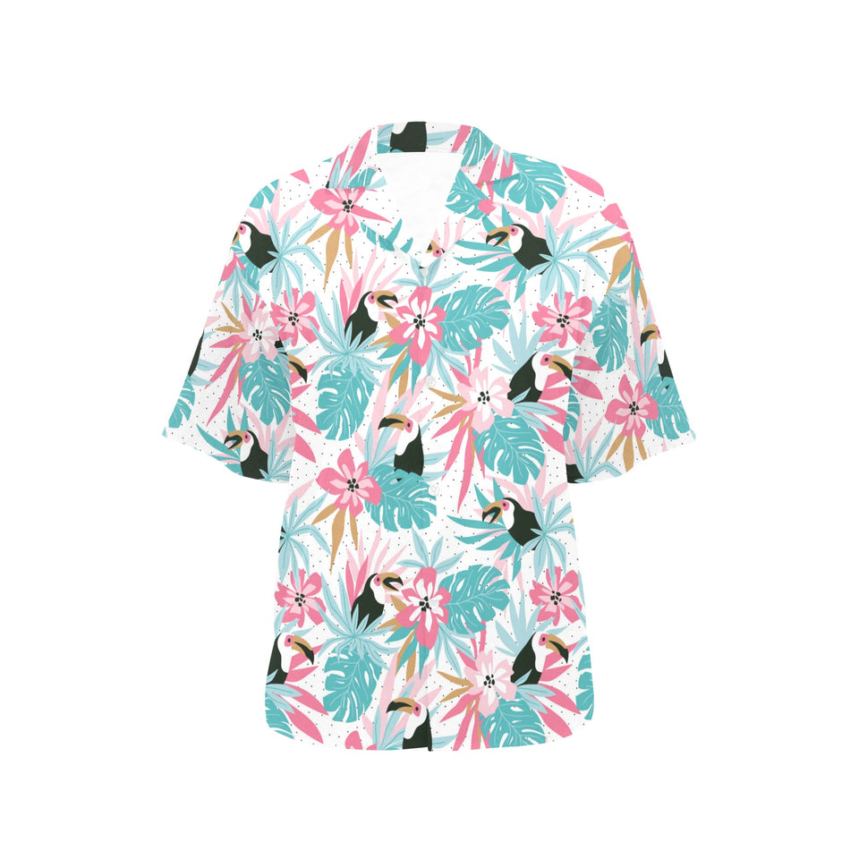 Toucan tropical flower leave pattern Women's All Over Print Hawaiian Shirt