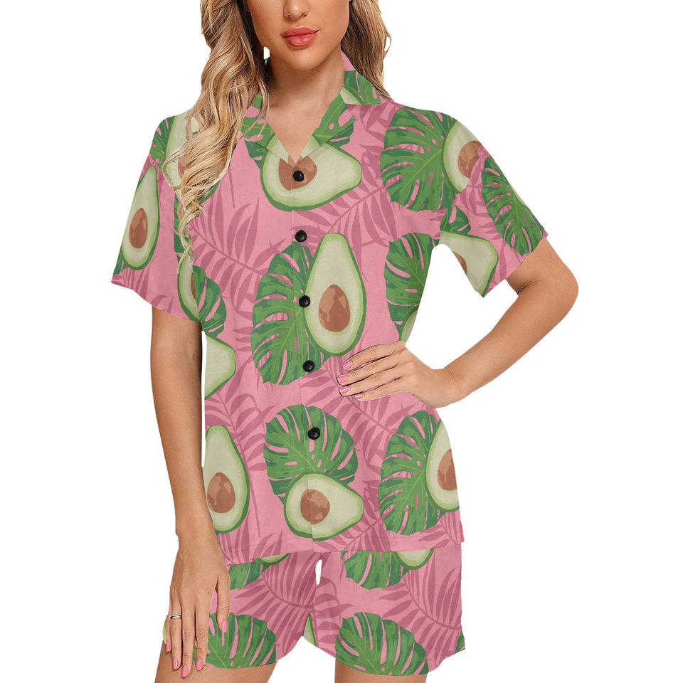 Avocado slices leaves pink back ground Women's V-Neck Short Pajama Set