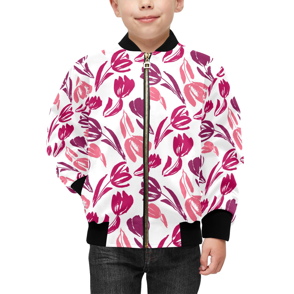 pink sketch tulip pattern Kids' Boys' Girls' Bomber Jacket