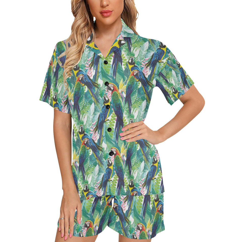 Colorful parrot exotic flower leaves Women's V-Neck Short Pajama Set