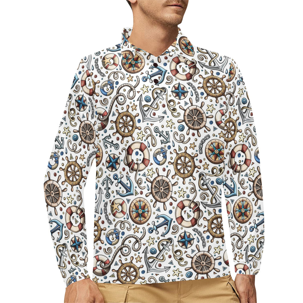 Cute nautical steering wheel anchor pattern Men's Long Sleeve Polo Shirt