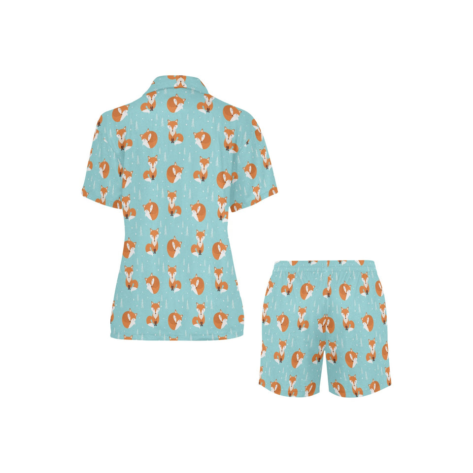 Fox pattern blue b ackground Women's V-Neck Short Pajama Set