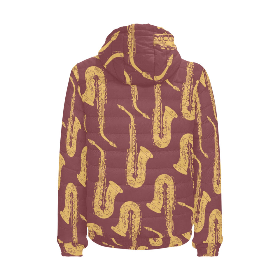 Hand drawn gold saxophone red background Men's Padded Hooded Jacket