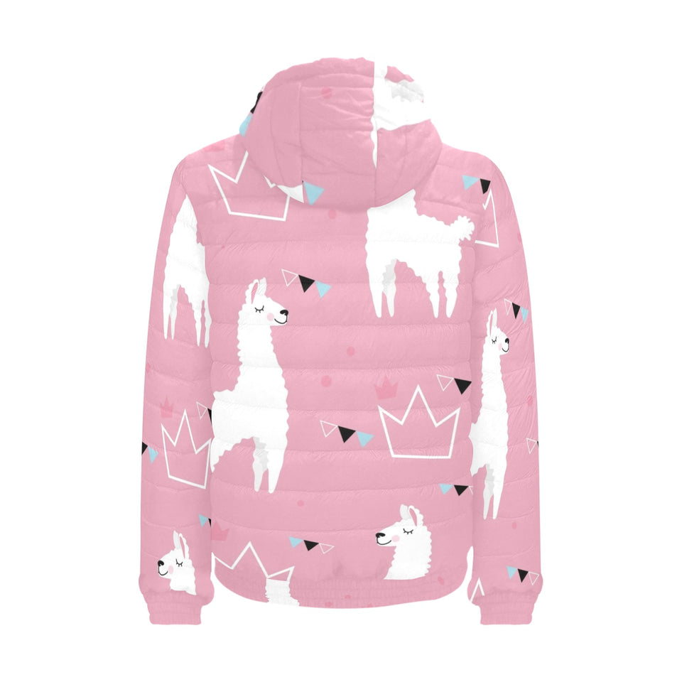 Llama Alpaca pink background Men's Padded Hooded Jacket