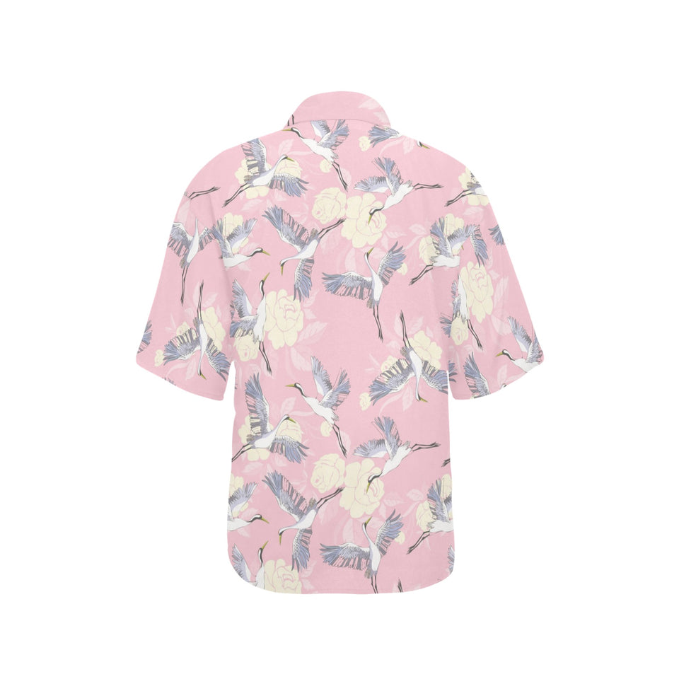 Japanese crane rose pattern Women's All Over Print Hawaiian Shirt