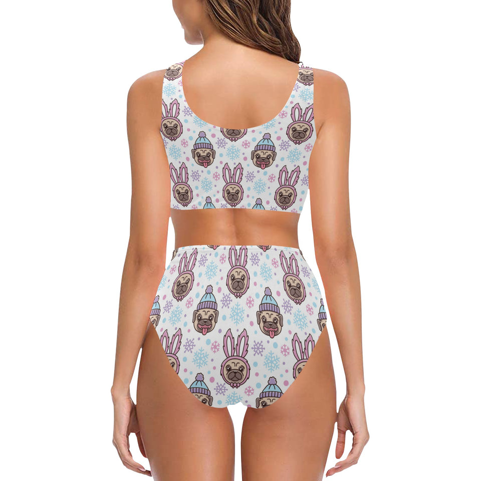 Cute pug hat rabbit costume pattern Chest Bowknot High Waisted Bikini Swimsuit
