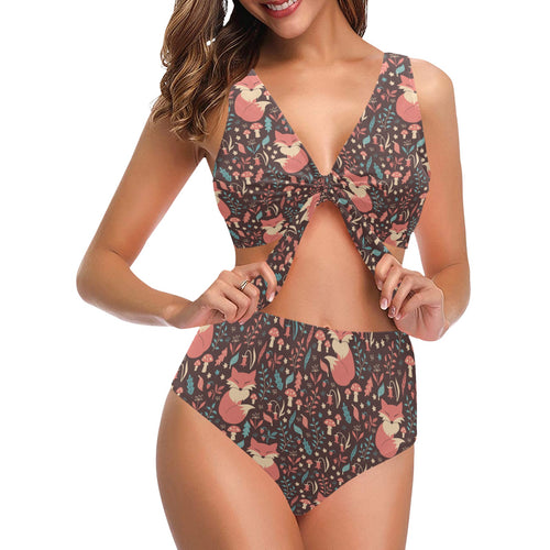 fox leaves mushroom pattern Chest Bowknot High Waisted Bikini Swimsuit