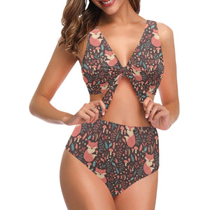 fox leaves mushroom pattern Chest Bowknot High Waisted Bikini Swimsuit