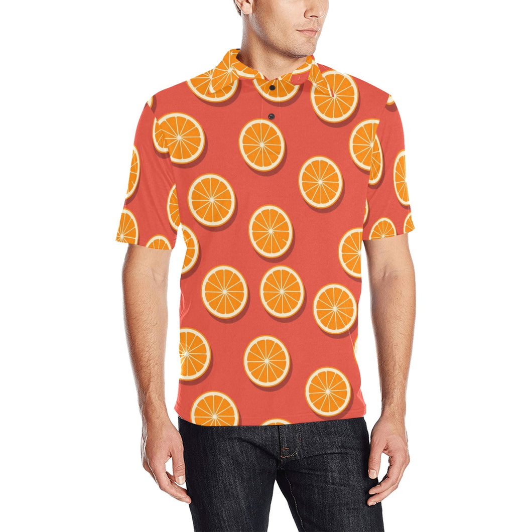 Oranges pattern red background Men's All Over Print Polo Shirt